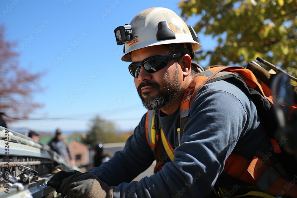 Workers are performing tasks at great heights on telephone poles, utilizing ropes for suspension. Generated with AI Workers are performing tasks at great heights on telephone poles, utilizing ropes for suspension. Generated with AI