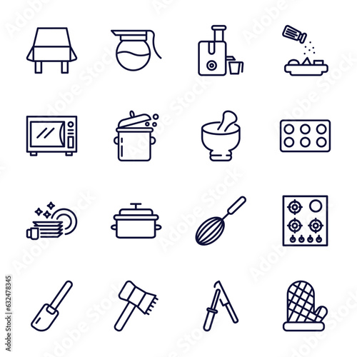 set of kitchen thin line icons. kitchen outline icons such as tablecloth, juicer, microwave oven, mortar, dishes, paddle, meat tenderizer, knife sharpener, mitten vector.