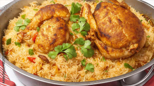 Gourmet chicken biryani with steamed basmati rice by Generative AI