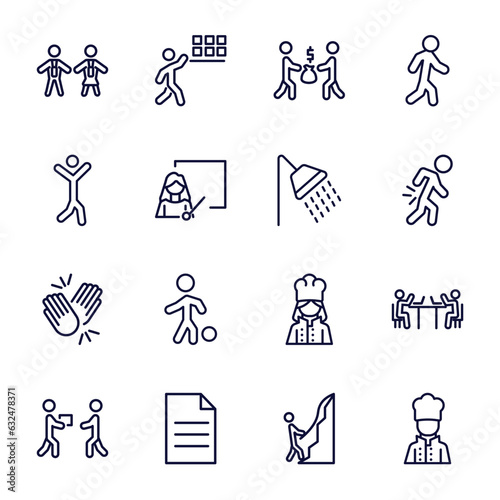 set of humans and behavior thin line icons. humans and behavior outline icons such as cooker couple, people trading, happy man, showering, high five, give over, single file, mountain climb, kitchen