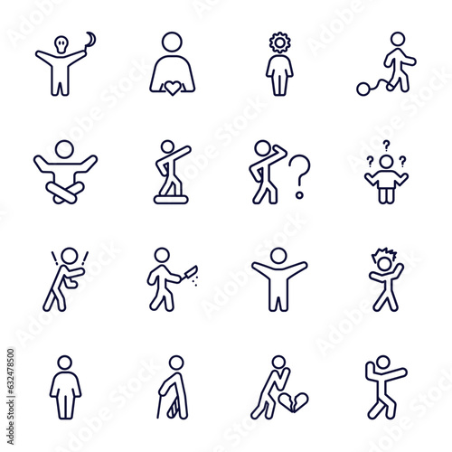 set of feeling and reaction thin line icons. feeling and reaction outline icons such as horrible human, incomplete human, relieved human, curious rough free hurt heartbroken amazing vector.