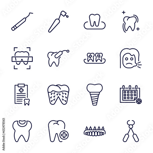 set of dental health thin line icons. dental health outline icons such as periodontal scaler, occlusal, dental x ray, plaque, medical list, filling, aid, prosthesis, tooth pliers vector.