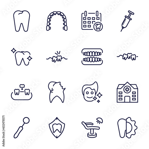 set of dental health thin line icons. dental health outline icons such as dental, appointment, healthy tooth, dentures, overdenture, dentist mirror, protection, dentist chair, apicoectomy vector.