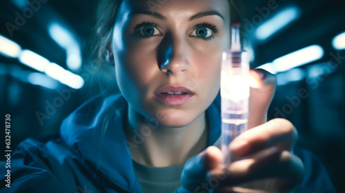 a medical professional holding a vial containing the newly developed antibody, with a sense of hope and urgency on their face photo