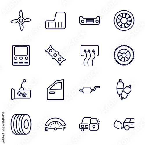 set of car parts thin line icons. car parts outline icons such as car fan, bumper, fascia (british), demister, gearbox, trim, petrol gauge, lock, tailpipe vector.