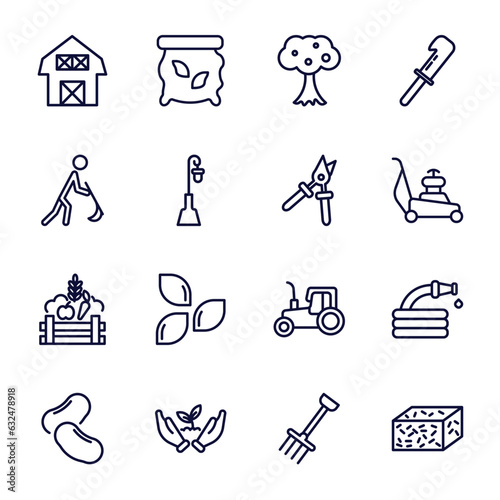 set of agriculture and farm thin line icons. agriculture and farm outline icons such as farm house, monoculture, farmer hoeing, pruners, products, legume, planting, farming fork, straw bale vector.