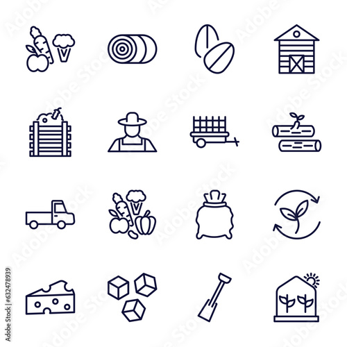 set of agriculture and farm thin line icons. agriculture and farm outline icons such as vegetable, oat, composter, farm trailer, pickup, cheese, sugar, digging bar, greenhouse vector.