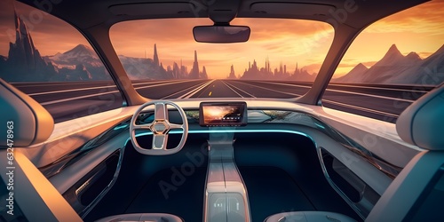 Inside view of autonomous vehicle concept with sunset on background. Postproducted generative AI © Lucky Ai
