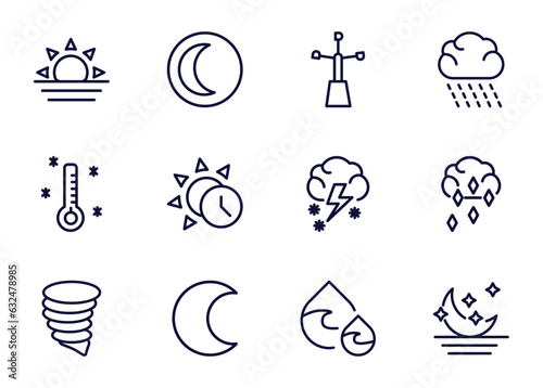 set of weather thin line icons. weather outline icons such as sunrise, waning moon, anemometer, _icon19_, freezing, tornado, waxing moon, dew vector.