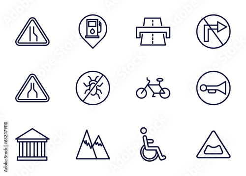 set of traffic signs thin line icons. traffic signs outline icons such as lane, gas station, highway, _icon19_, narrow road, museum, hill, handicap vector.