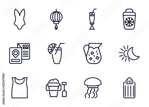 set of summer thin line icons. summer outline icons such as swimsuit, lantern, milkshake, _icon19_, travel guide, sleeveless, sand bucket and shovel, jellyfish vector.