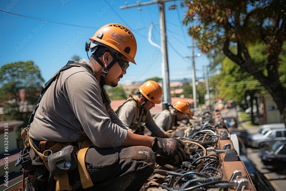 Fototapeta premium Workers are performing tasks at great heights on telephone poles, utilizing ropes for suspension. Generated with AI