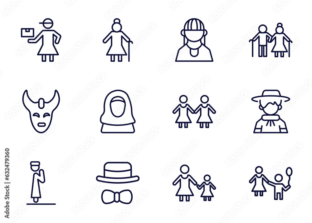 set of people and relation thin line icons. people and relation outline icons such as delivery woman, elder, amazonian, _icon19_, devil mask, takbir, elegant, mother and daughter vector.