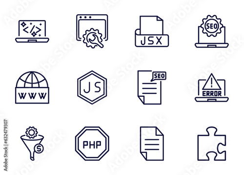 set of information technology thin line icons. information technology outline icons such as clean code, web optimization, jsx, _icon19_, web domain, seo funnel, programming language, page vector.