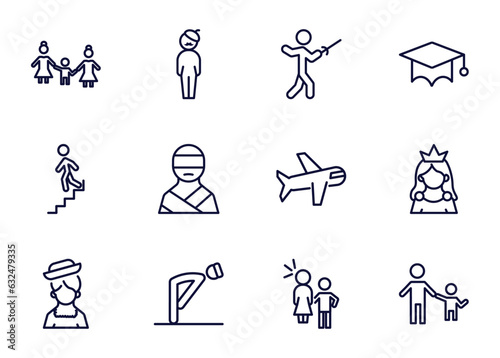 set of people and relation thin line icons. people and relation outline icons such as lesbian couple and son, bohemian, fencing attack, _icon19_, downstairs, chilean, ruku, sexual harassment vector.