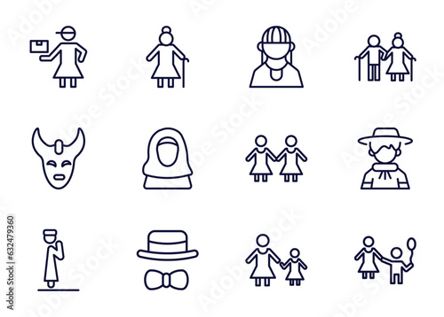 set of people and relation thin line icons. people and relation outline icons such as delivery woman, elder, amazonian, _icon19_, devil mask, takbir, elegant, mother and daughter vector.