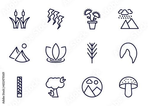 set of nature thin line icons. nature outline icons such as reed bed, damaged, carnivorous plant, _icon19_, dune, escuamiforme, pine tree on fire, landscape inside frame vector.