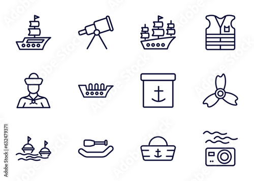 set of nautical thin line icons. nautical outline icons such as frigate, boat telescope, old galleon, _icon19_, sailor, buoys, rubber raft, sailor hat vector.