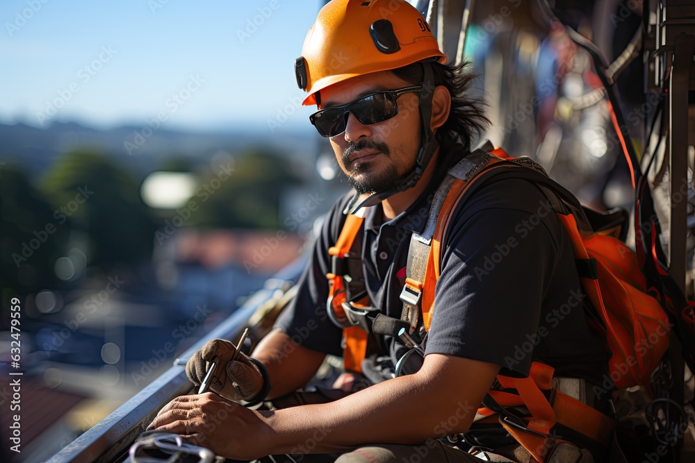 Construction work at height wearing safety harness, Rope access and safety line working under construction a roof’s edge. Generated with AI Construction work at height wearing safety harness, Rope access and safety line working under construction a roof’s edge. Generated with AI