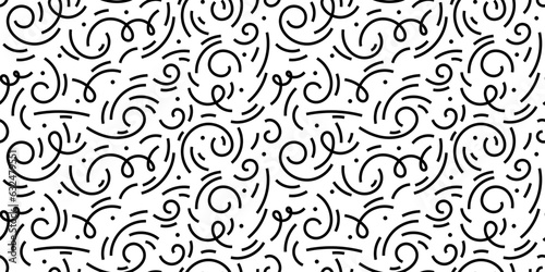Squiggly doodle seamless background, tribal scribble repeat texture. Creative minimalist monochrome pattern in trendy style, vector illustration