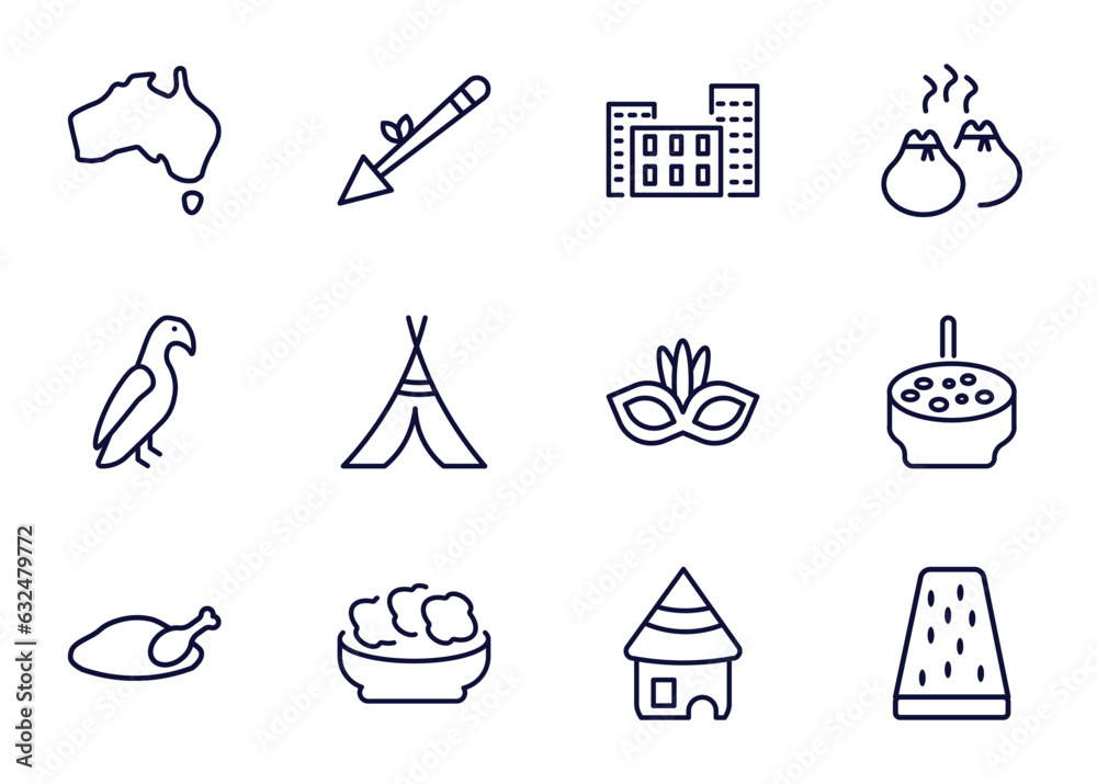 Obraz premium set of culture and civilization thin line icons. culture and civilization outline icons such as australian continent, native american spear, bo kaap, _icon19_, aw on a branch, beijing roast duck,