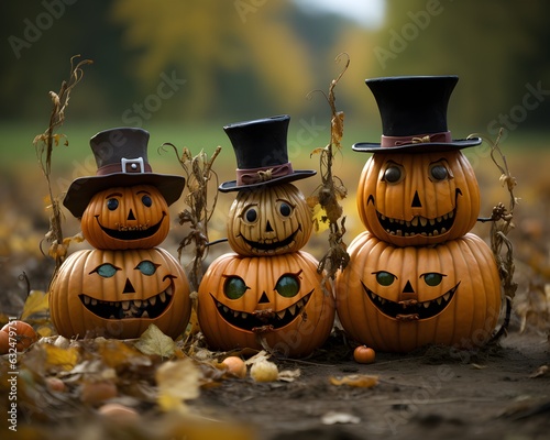 Cyfrowe ilustracje strasznych wyrzeźbionych dyń na obchody Halloween.
