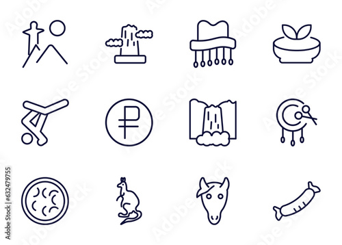set of culture and civilization thin line icons. culture and civilization outline icons such as rio de janeiro, pico cao, cork hat, _icon19_, capoeira brazil dancers, fabada, australian kangaroo,