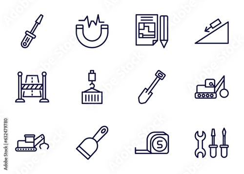 set of construction thin line icons. construction outline icons such as , inclined magnet, _icon19_, road stopper, derrick with tong, five meters ruler