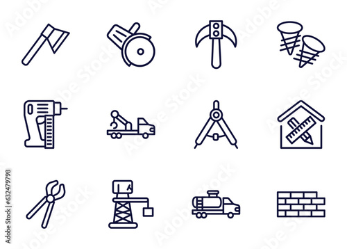 set of construction thin line icons. construction outline icons such as inclined ax, , inclined picker, _icon19_, clippers, derrick with boxes, tank truck