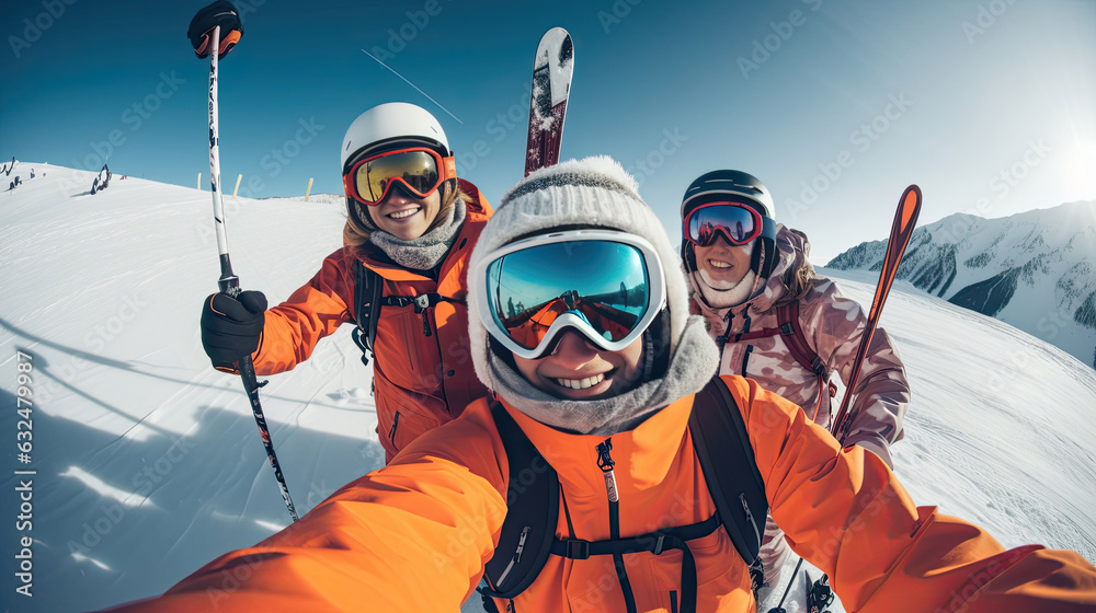 Selfie of friends skiing in high mountains. Generative Ai