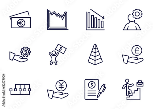 set of business and finance thin line icons. business and finance outline icons such as euro bills, spike chart, loss chart, _icon19_, hand with money gear, points connected chart, yen coin on