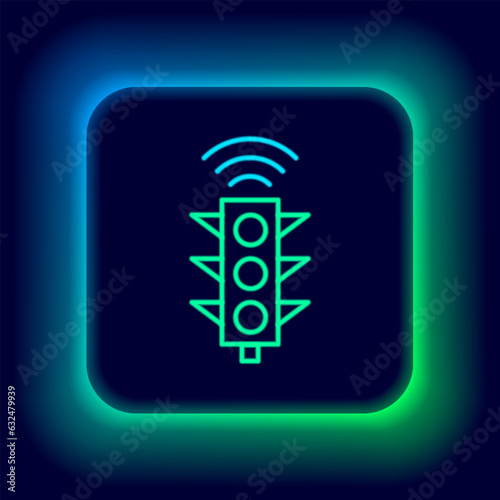Glowing neon line Smart traffic light system icon isolated on black background. Internet of things concept with wireless connection. Colorful outline concept. Vector