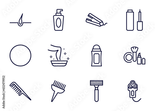 set of beauty and elegance thin line icons. beauty and elegance outline icons such as hair, liquid makeup, hair straightener, _icon19_, 1642645100876100-56.eps,,,,,, inclined comb, tint brush, razor