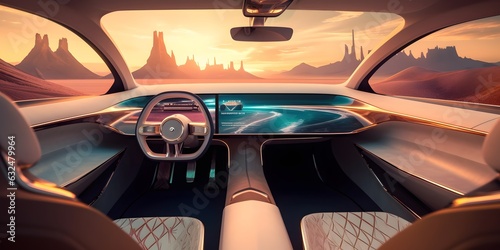 Inside view of autonomous vehicle concept with sunset on background. Postproducted generative AI