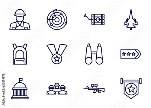 set of military and war and thin line icons. military and war outline icons such as soldier, militar radar, time bomb with clock, _icon19_, backpack, federal agency, brigade, air force vector.