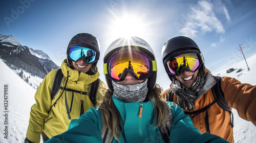 Selfie of friends skiing in high mountains. Generative Ai
