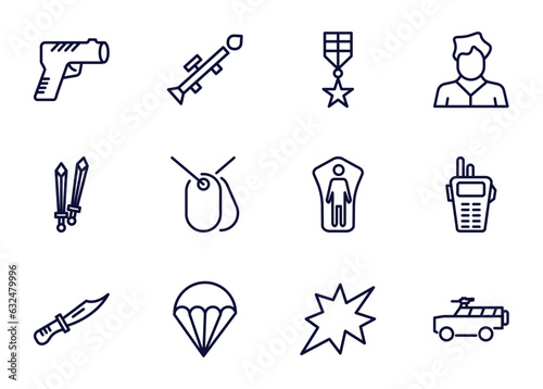 set of military and war and thin line icons. military and war outline icons such as pistol, launcher, militaty medal, _icon19_, combat, combat knife, parachute, explosion vector.