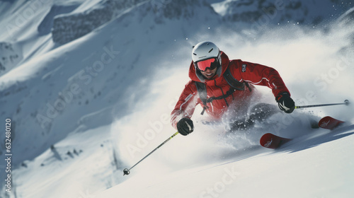 A Skier skiing. Jumping skier. Snowboarding. Extreme winter sports. Skier skiing downhill during sunny day in high mountains. Generative Ai.