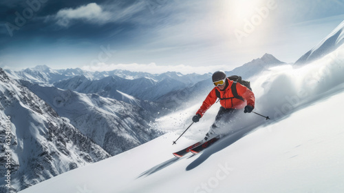 A Skier skiing. Jumping skier. Snowboarding. Extreme winter sports. Skier skiing downhill during sunny day in high mountains. Generative Ai. © tong2530