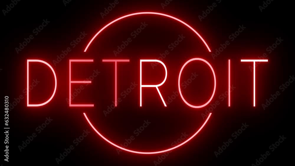 Red flickering and blinking animated neon sign for the city of Detroit Red flickering and blinking animated neon sign for the city of Detroit