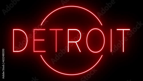 Red flickering and blinking animated neon sign for the city of Detroit