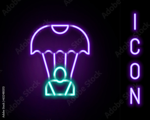 Glowing neon line Parachute icon isolated on black background. Colorful outline concept. Vector