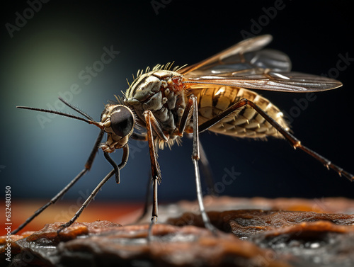 Extreme macro close-up photograph of a mosquito on a skin, dark background, in the style of macro photography, generative ai © A_visual