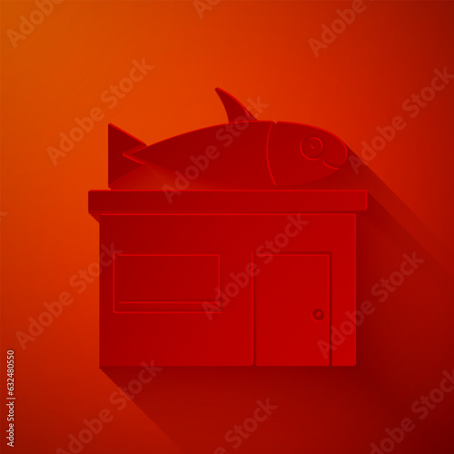 Paper cut Seafood store icon isolated on red background. Facade of seafood market. Paper art style. Vector.