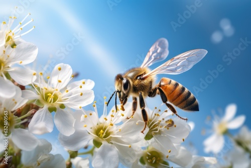 Epic Macro Photography Shot of Honey Bee. Closeup View of Working Bees. Generative Ai