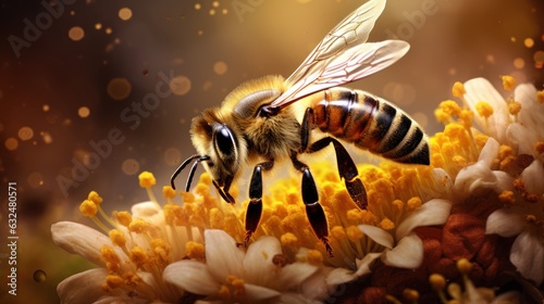 Epic Macro Photography Shot of Honey Bee. Closeup View of Working Bees. Generative Ai