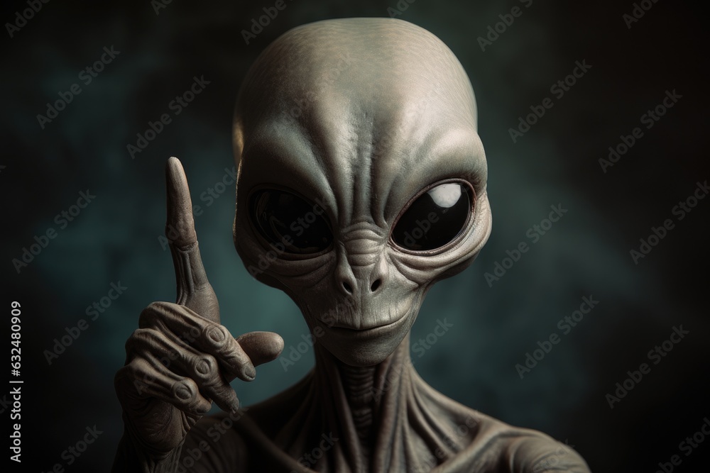 Alien humanoid shows a raised finger. Friendly alien. Alien humanoid shows a raised finger. Friendly alien.