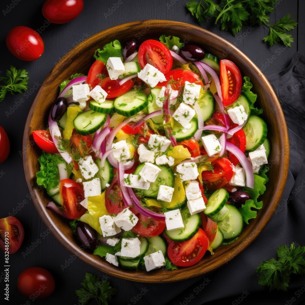 Greek salad with feta cheese and olive oil on plate. Greek healthy food