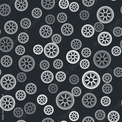 Grey Car wheel icon isolated seamless pattern on black background. Vector