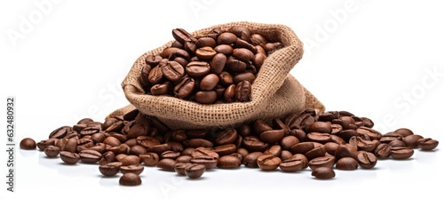 Coffee beans in a jute sack isolated on white background.